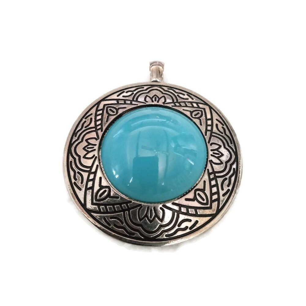 NOS- Vintage Large Silver Plated Turquoise Glass Pendant